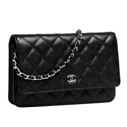 CHANEL BLACK AND SILVER CLASSIC WALLET ON CHAIN BAG