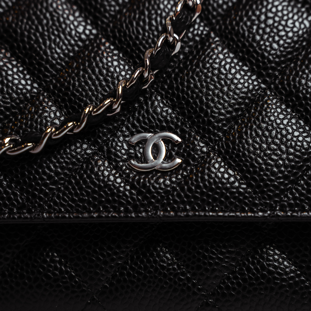 CHANEL BLACK AND SILVER CLASSIC WALLET ON CHAIN BAG