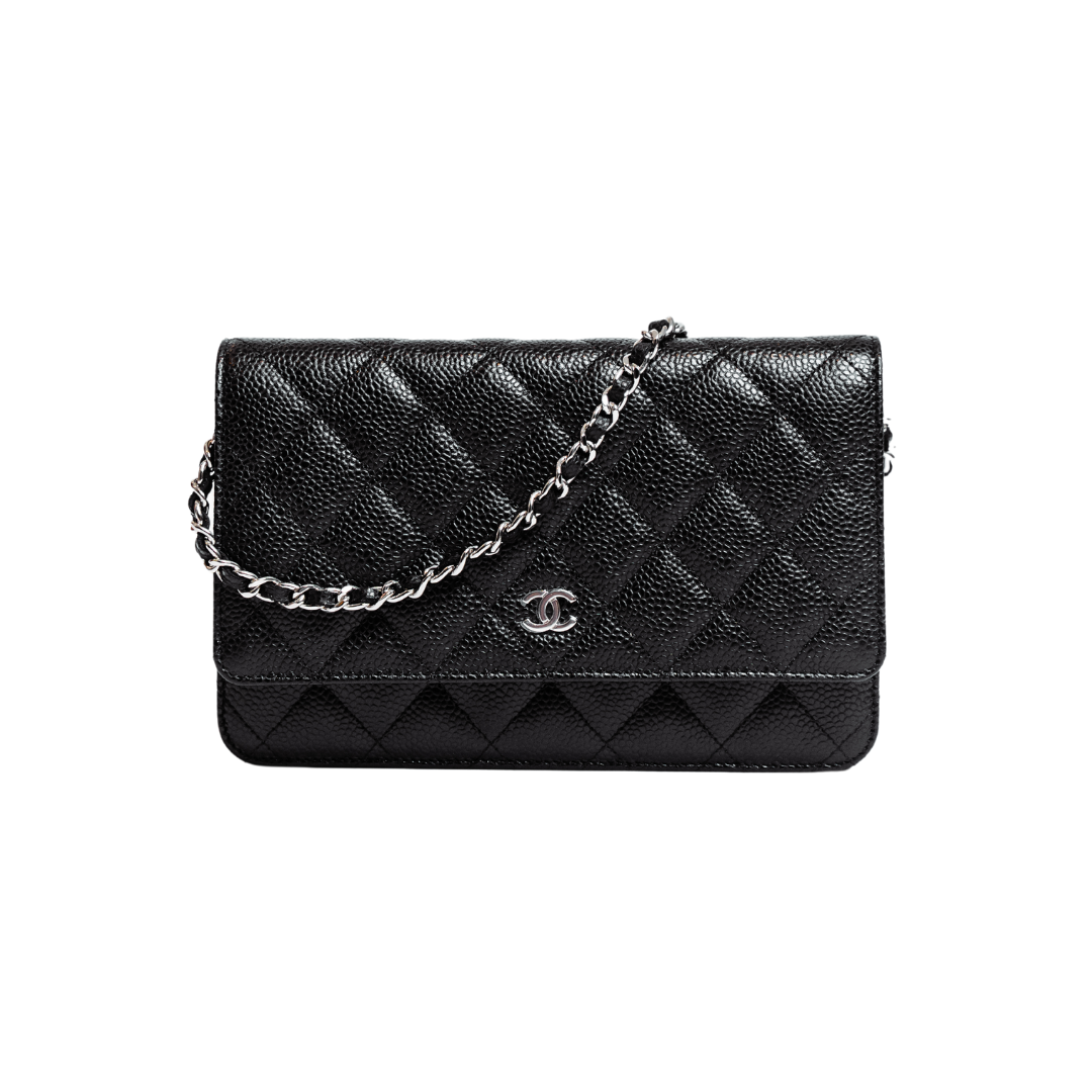 CHANEL BLACK AND SILVER CLASSIC WALLET ON CHAIN BAG