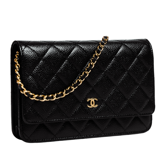 CHANEL BLACK AND GOLD CLASSIC WALLET ON CHAIN