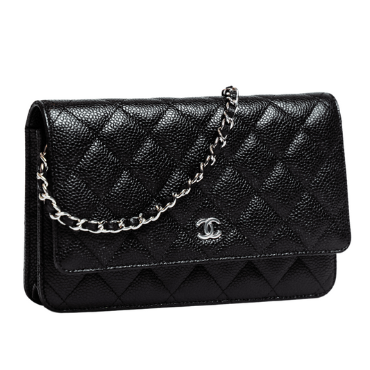 CHANEL BLACK AND SILVER CLASSIC WALLET ON CHAIN