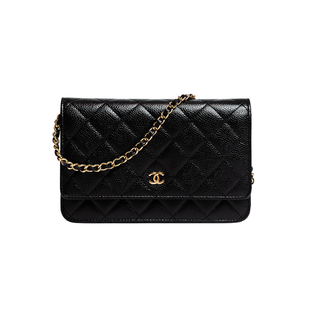 CHANEL BLACK AND GOLD CLASSIC WALLET ON CHAIN