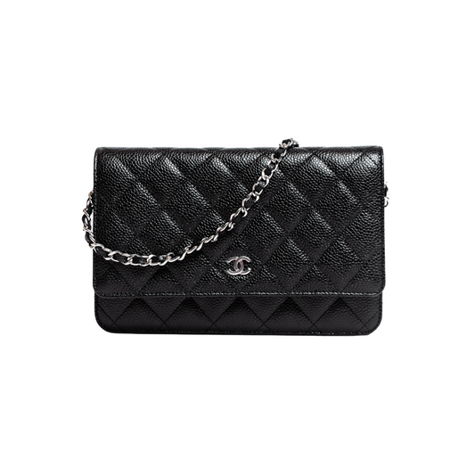 CHANEL BLACK AND SILVER CLASSIC WALLET ON CHAIN BAG