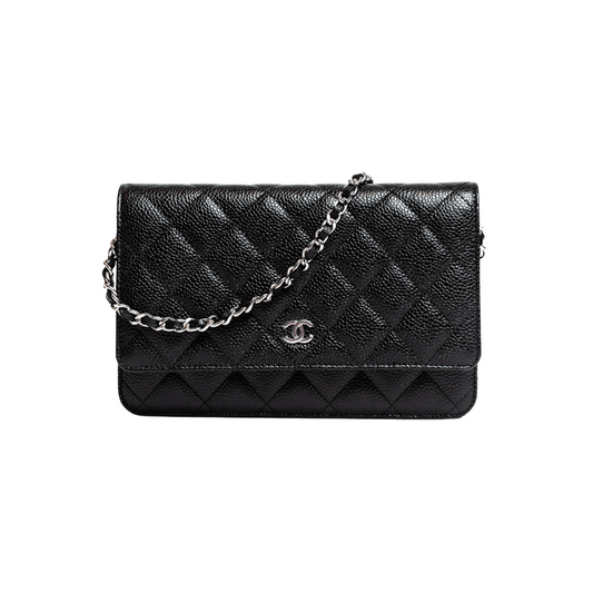 CHANEL BLACK AND SILVER CLASSIC WALLET ON CHAIN